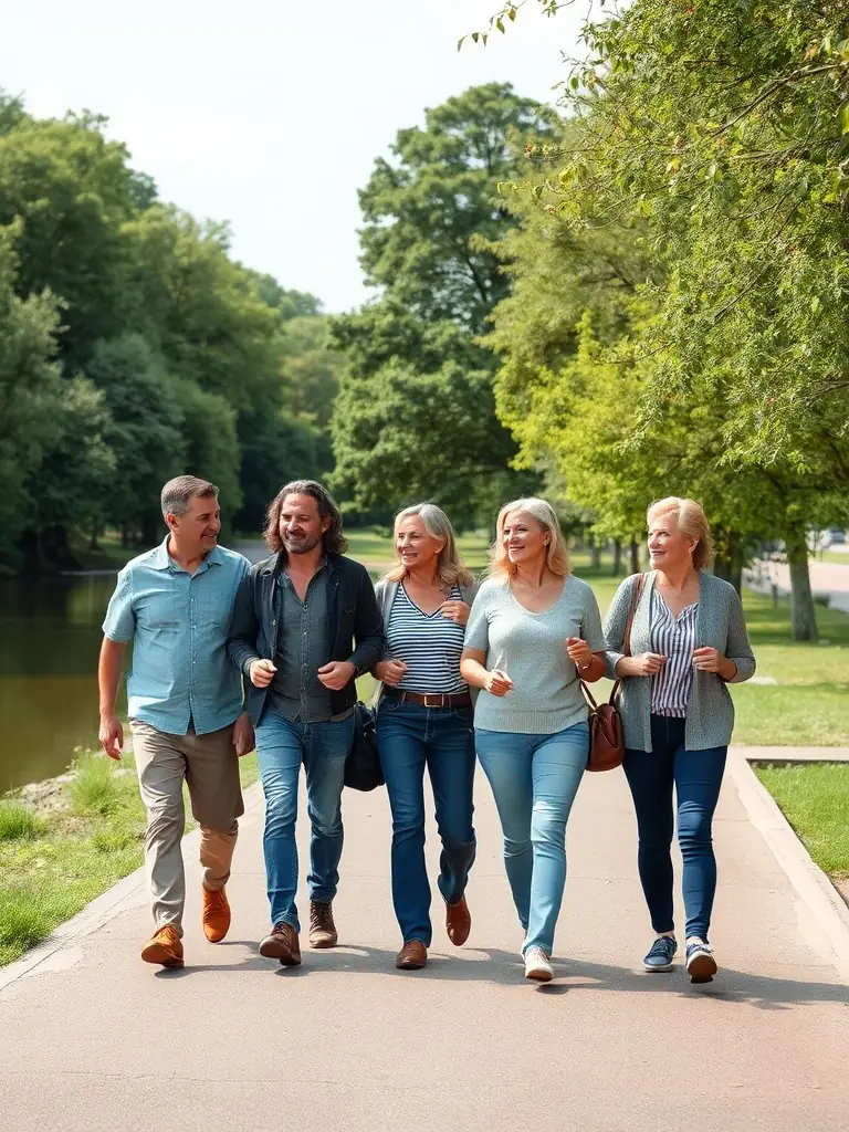 A group of people fitness walking along the Marne River in Chierry, France, promoting a healthy and social activity.