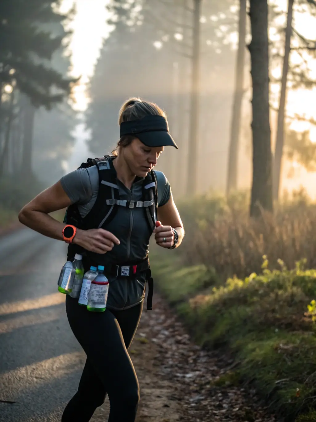 A trail runner navigating a challenging uphill section of a mountain trail, surrounded by trees and nature.