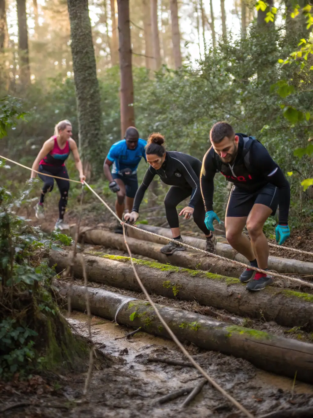 Runners participating in an orienteering event, using maps and compasses, in a forest setting, focus on navigation and teamwork.