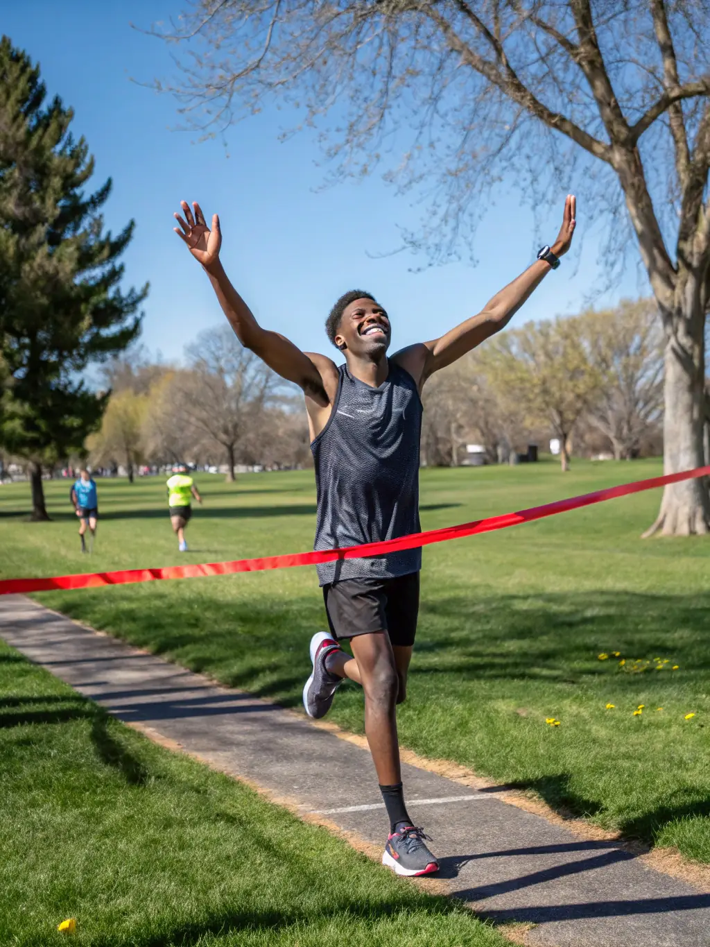 A runner triumphantly crossing a finish line, symbolizing personal achievement and the supportive environment of CHIERRY-COURS.