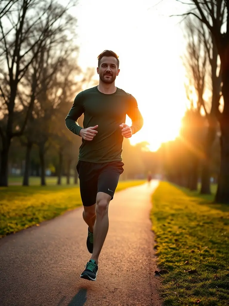 A group of runners jogging through a park in Chierry, France, early morning light, focus on camaraderie and enjoying nature.