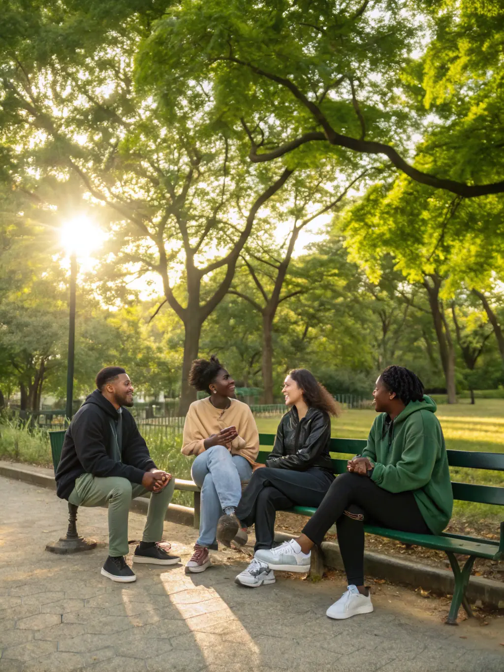 A group of diverse runners laughing and chatting together after a run in a park, showcasing the social aspect of CHIERRY-COURS.