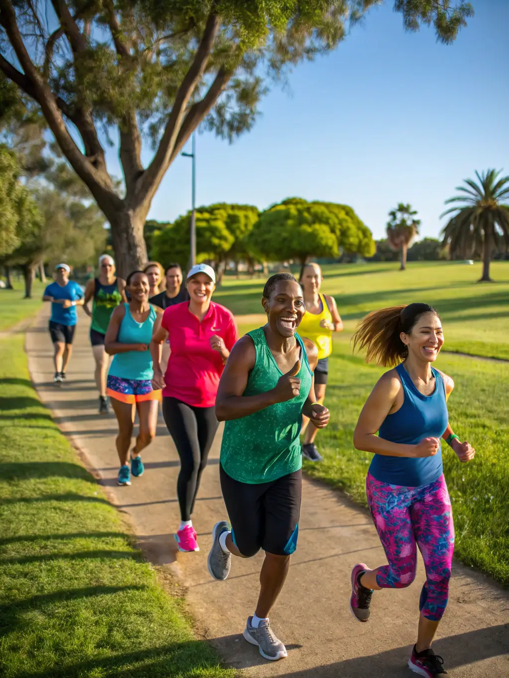 A group of people jogging together on a paved path in a park, early morning light, focus on camaraderie and fitness.