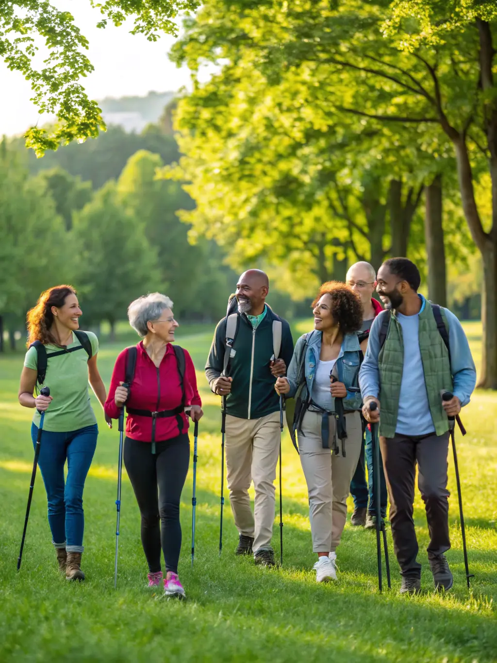 Participants in a fitness walking session, using walking poles, in a park setting, focus on technique and posture.